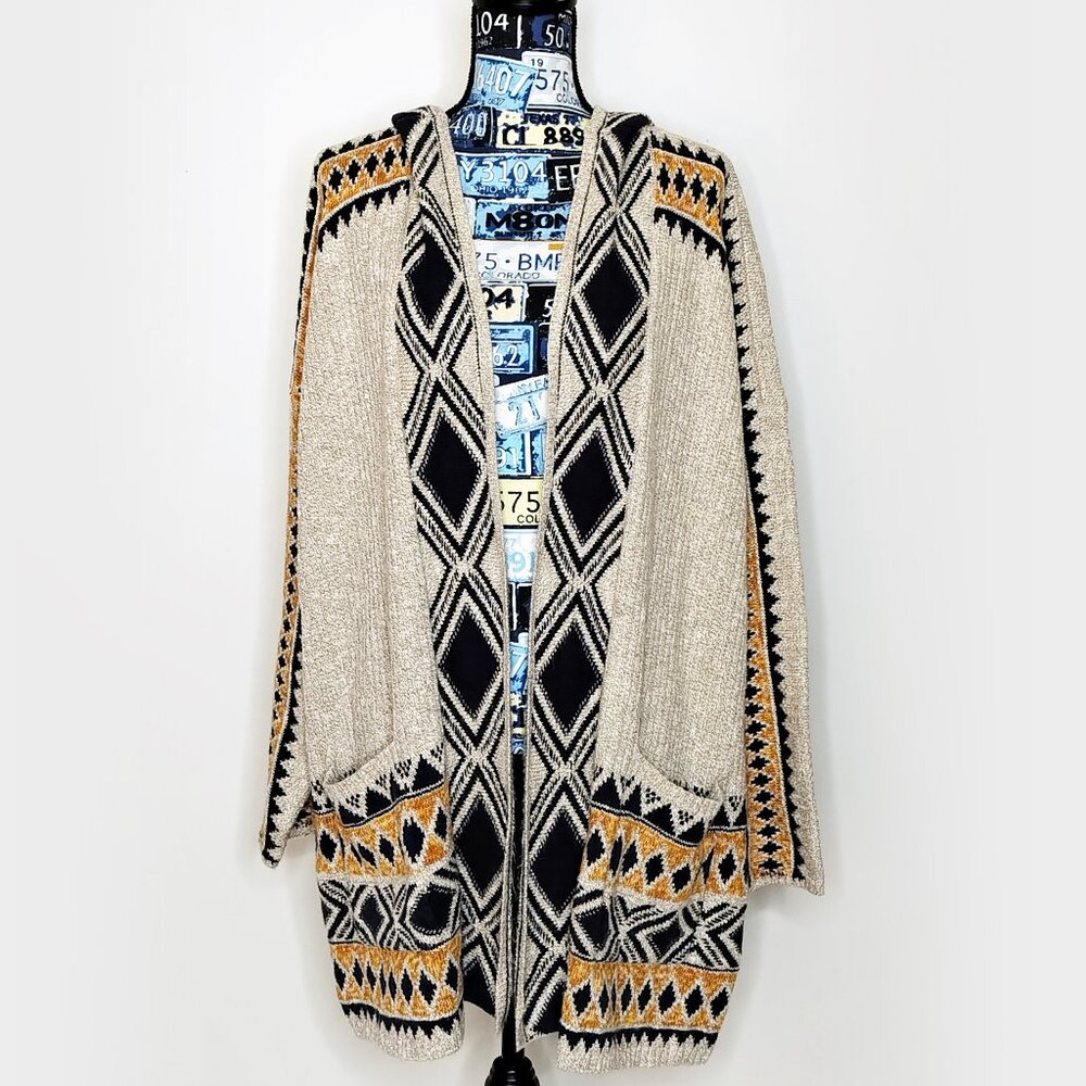 LUCKY BRAND Longline Cardigan Hoodie Open Front Aztec Southwestern Chunky Sz 3X - Picture 2 of 14